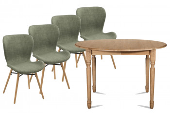 Table ronde extensible pieds tournés D105 + 4 chaises tissu - VICTORIA