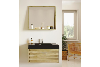 MEUBLE DE SALLE DE BAIN BOIS MASSIF - PLAN NOIR MAT - ENSEMBLE BENOA