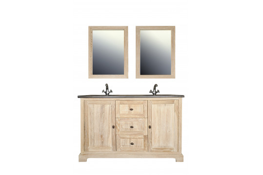 Meuble double vasque en chêne blanchie L140 et 2 miroirs (ensemble) - VIENNE II