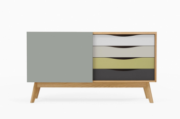 Buffet bas scandinave en bois 4 tiroirs colorées 1 porte coulissante - AVALON