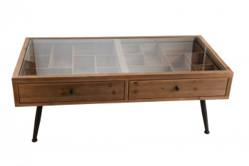 Console en bois et métal, avec plateau en verre et tiroirs compartimentées.