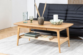 Table basse scandinave rectangulaire en bois massif avec rangement - ELEA