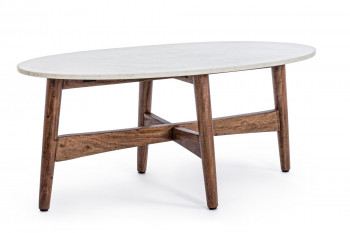 Table basse ovale vintage en acacia et marbre blanc L105 - BLANY