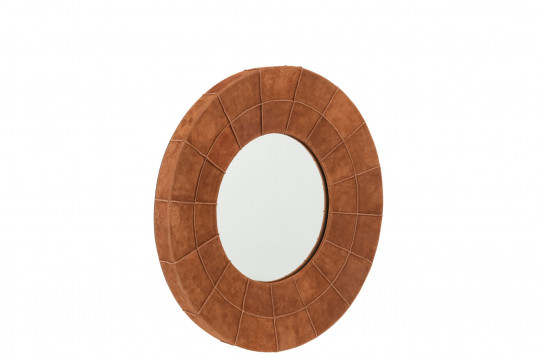 Miroir rond en cuir velours marron cognac L71 - OLIVER