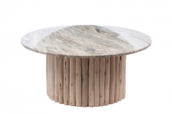 Table basse ronde en bois flotté et marbre D90 - BLANCHE