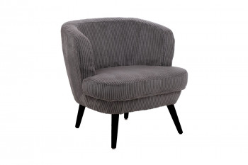 Fauteuil crapaud en velours côtelé gris et pieds noirs