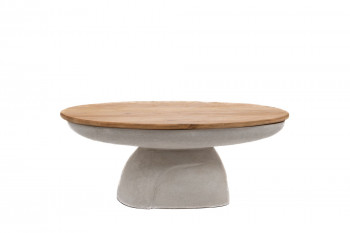 Table basse ovale en composite béton et plateau en teck massif