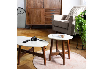 Bout de canapé rond vintage en manguier et marbre blanc D52 - BLANY