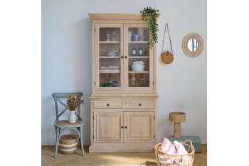 Buffet vaisselier en chêne blanchi 2 portes vitrées 2 tiroirs 2 portes bois - VICTORIA