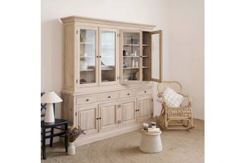 Buffet vaisselier en chêne blanchi 4 portes vitrées 4 tiroirs 4 portes bois - VICTORIA