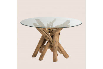 Table ronde en verre et bois flotté - NOÉ