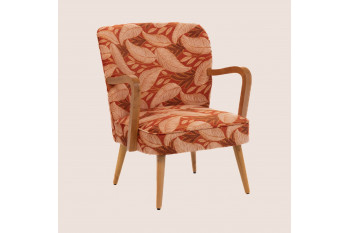 Fauteuil rétro en tissu feuillage et accoudoirs en bois - HONEY